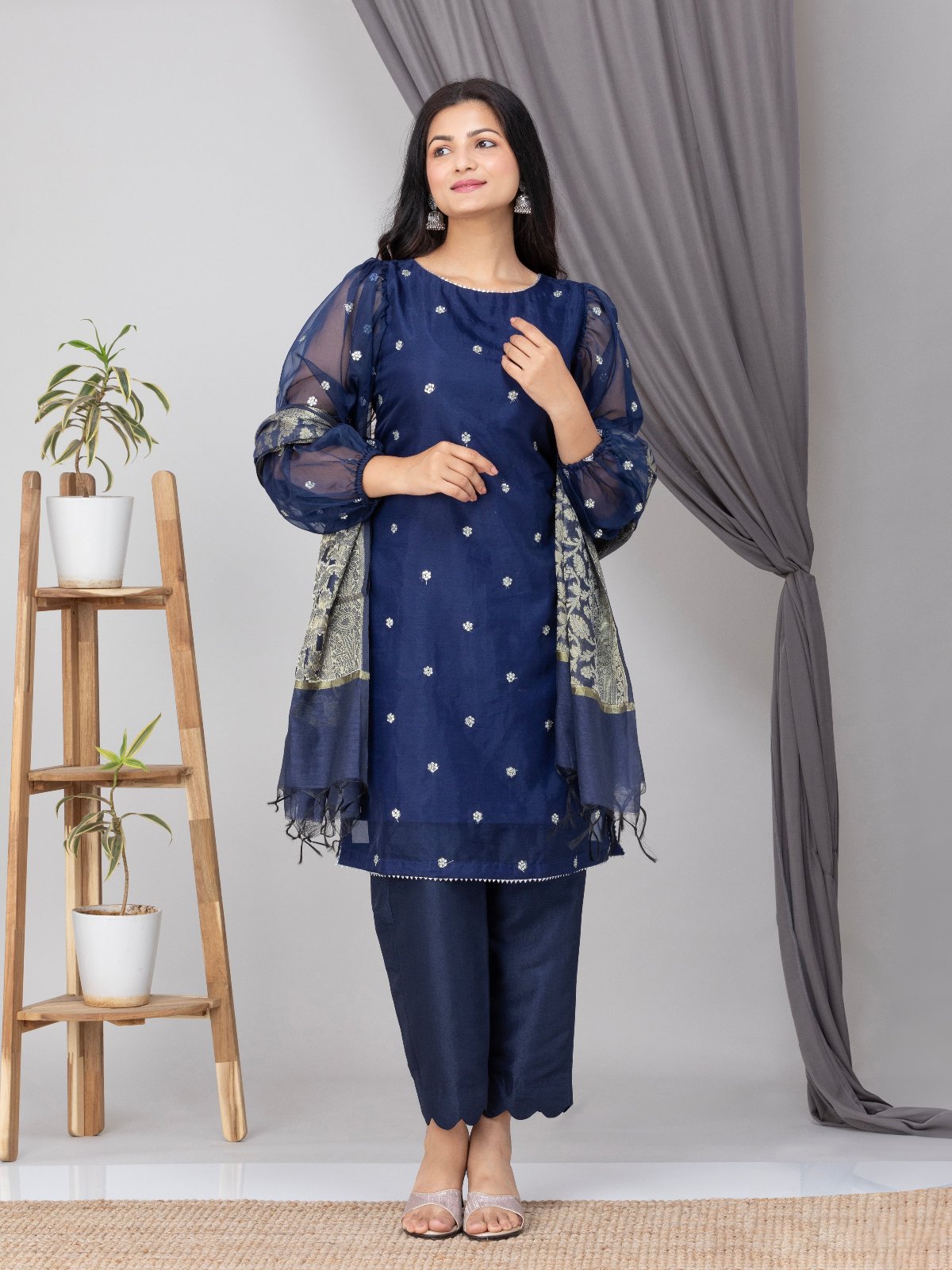 Royal Blue Organza Silk Suit- Set of 3