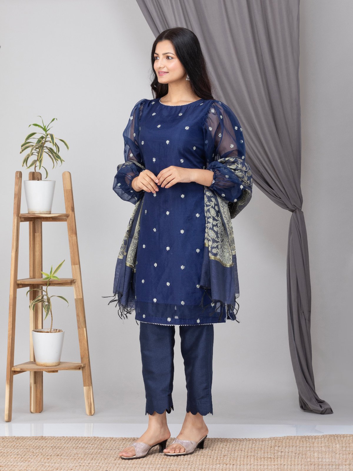 Royal Blue Organza Silk Suit- Set of 3