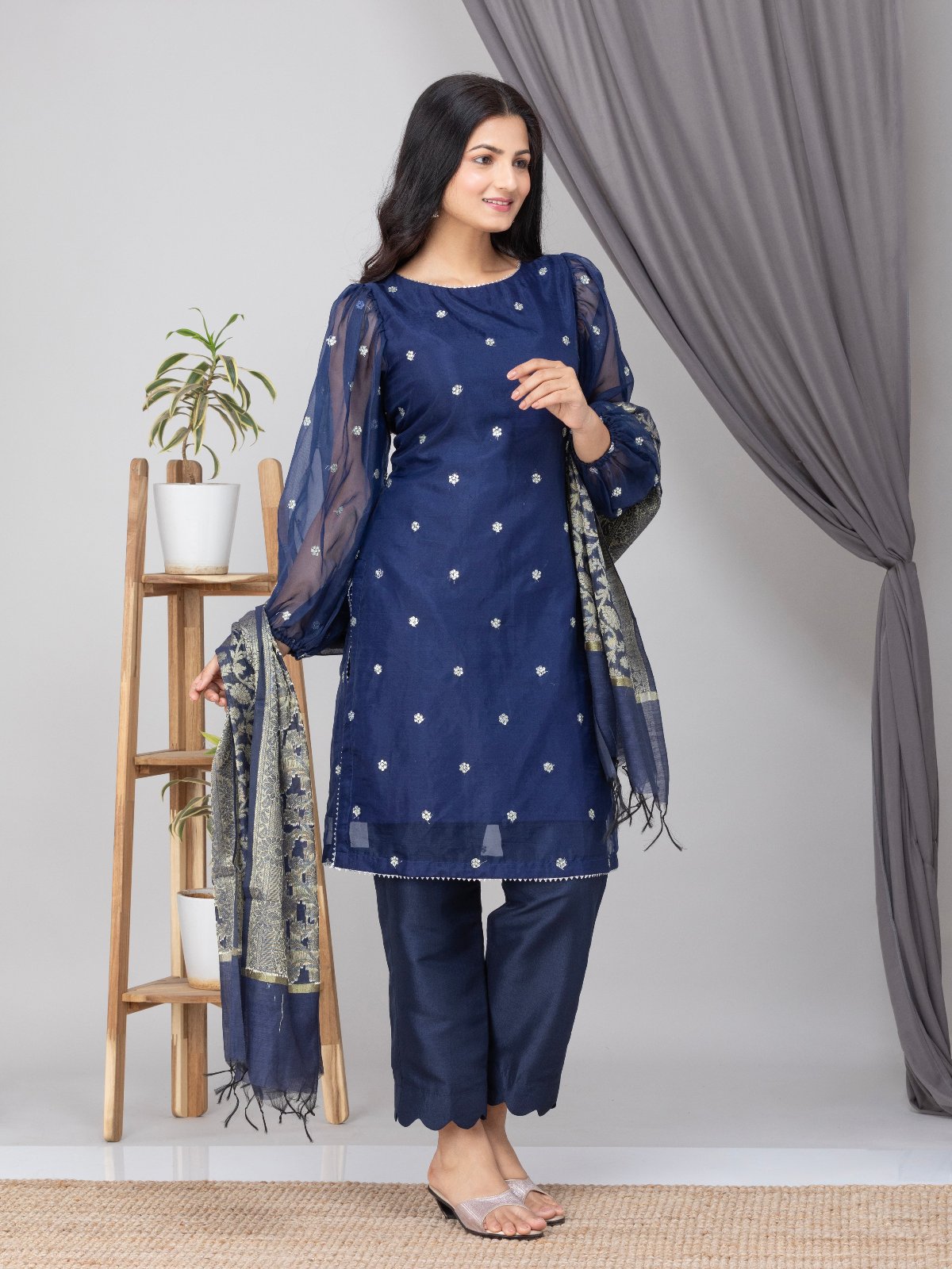Royal Blue Organza Silk Suit- Set of 3