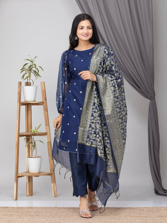 Front view of royal blue organza silk kurta with pants- set of 2