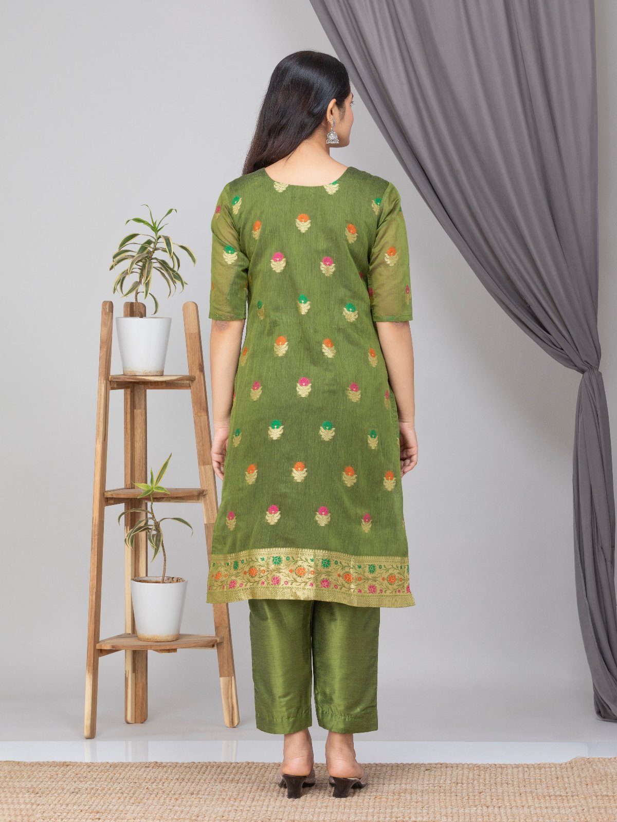 Green Silk Blend Suit Set