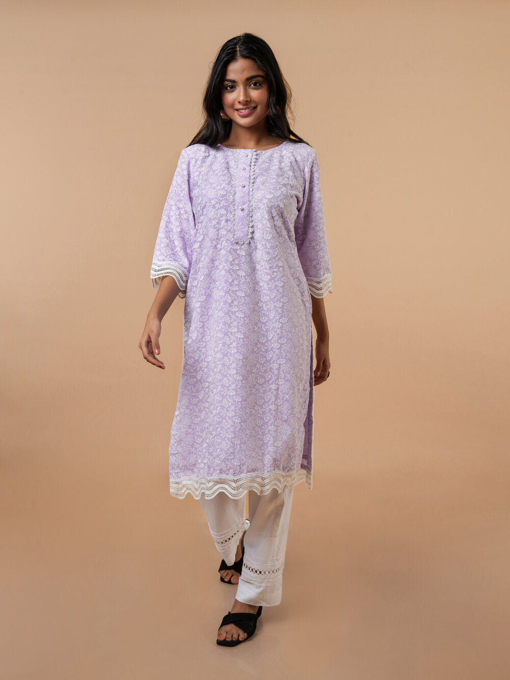 Lavender Chickenkari cotton Kurta Set