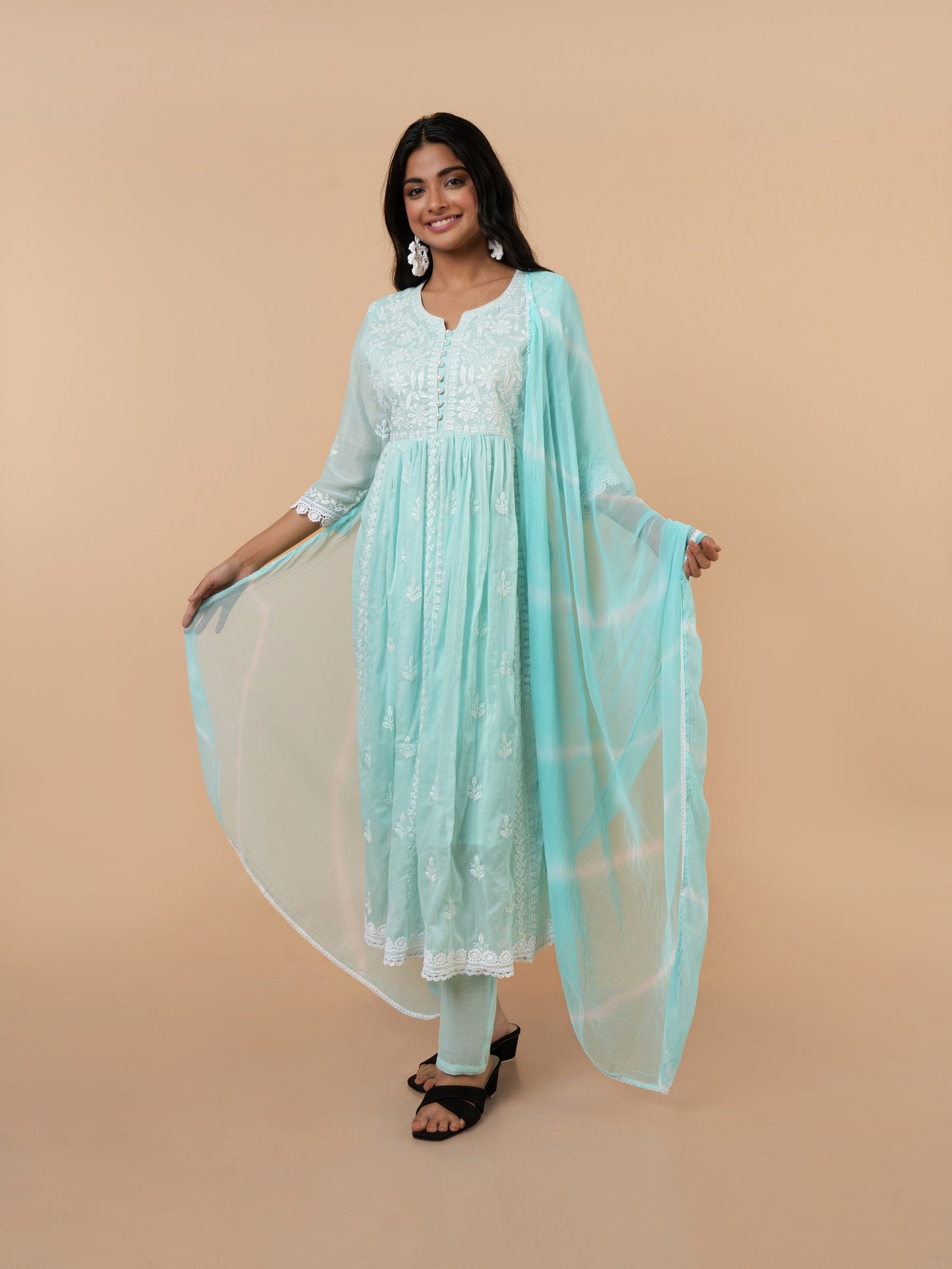 Sky Blue Chickenkari Cotton Suit - Set of 3