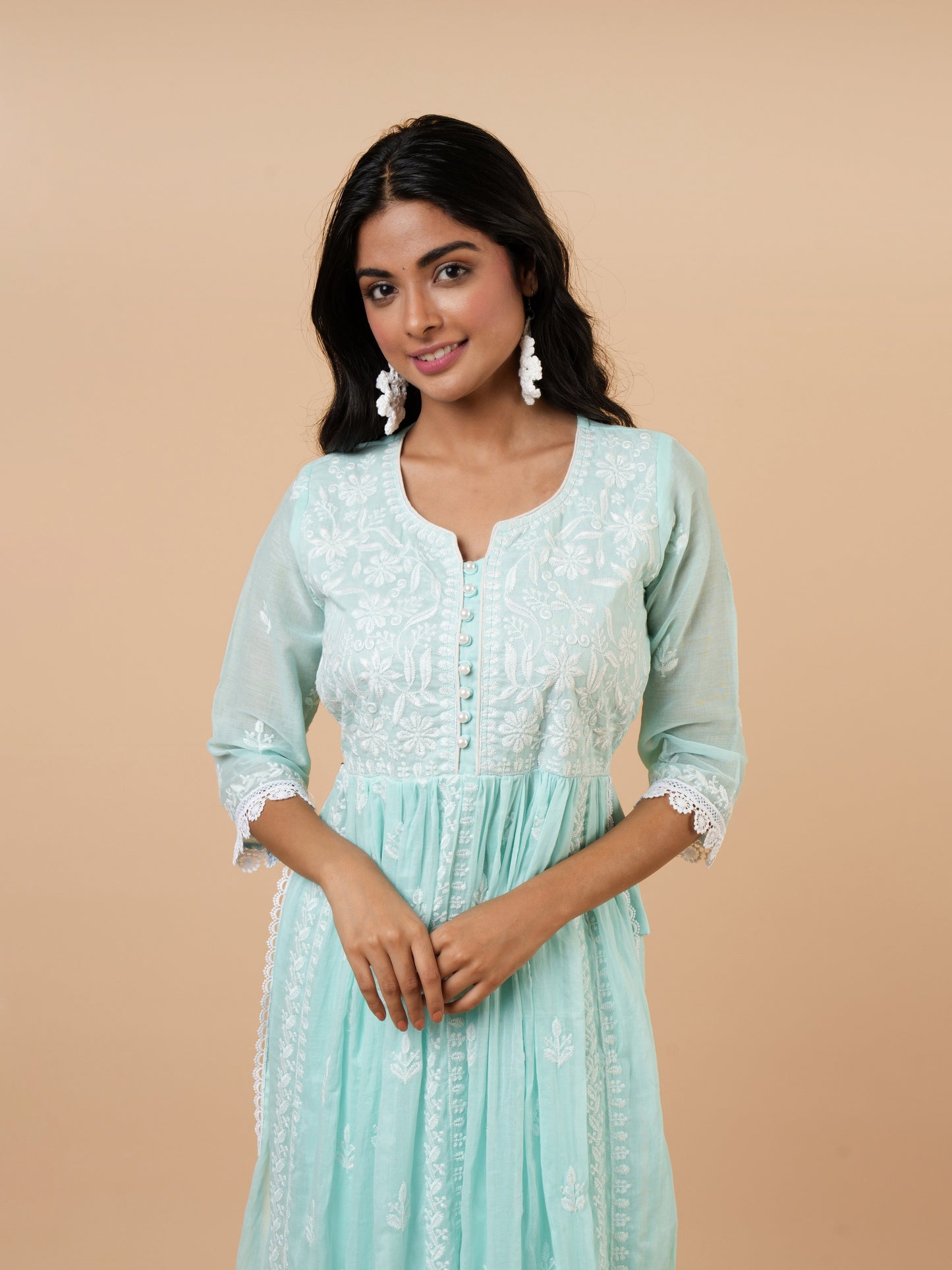 Sky Blue Chickenkari Cotton Suit - Set of 3
