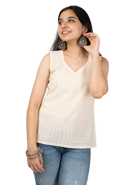 Schiffili Ivory sleeveless short kurti