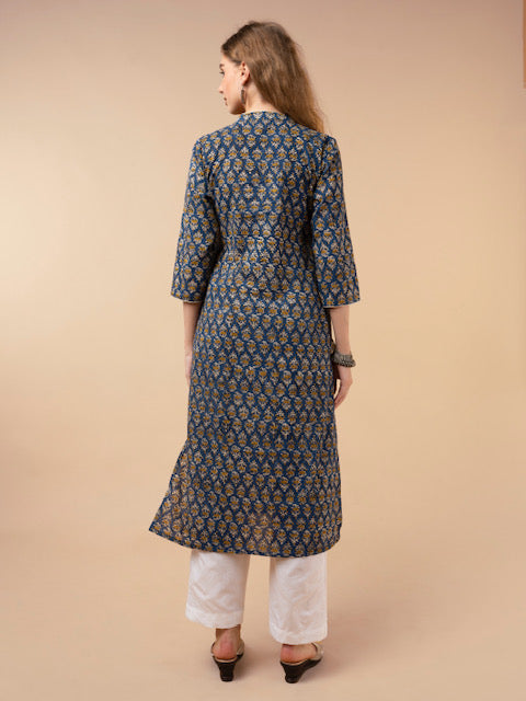 Navy Blue Hand Block Print Cotton Kurta