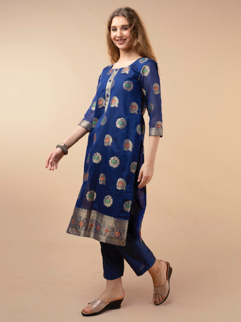 Bhavanya Blue Banarasi suit- Set of 3