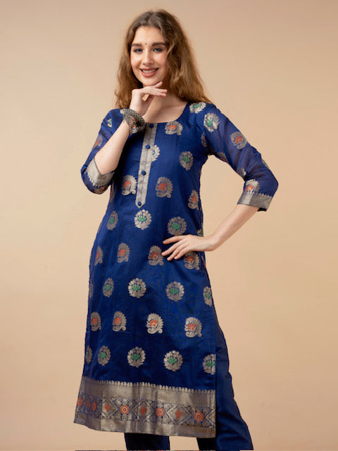 Bhavanya Blue Banarasi suit- Set of 3