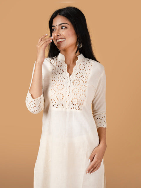 Ishita Beige Schiffili Embroidered Cotton Kurta