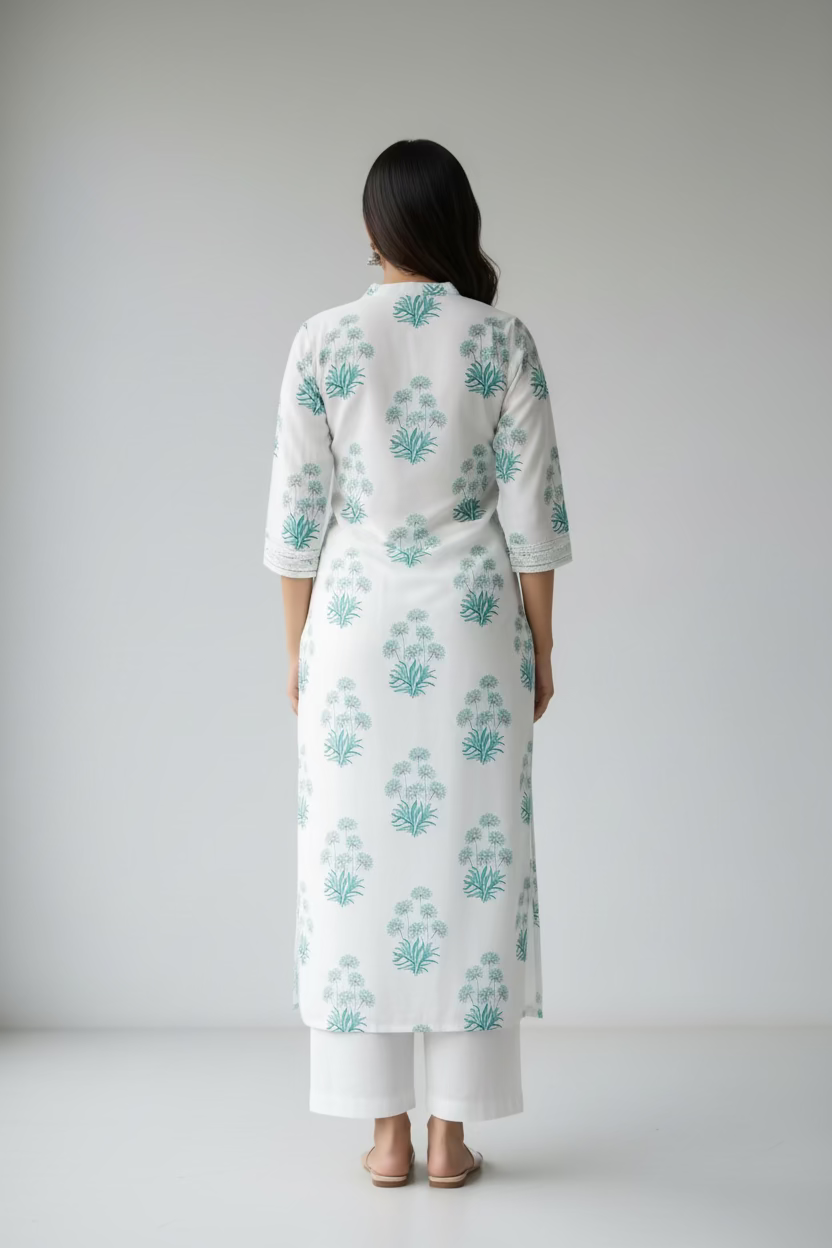 Hand Block Printed Cotton Suit Set - white Floral ( 2 Piece )
