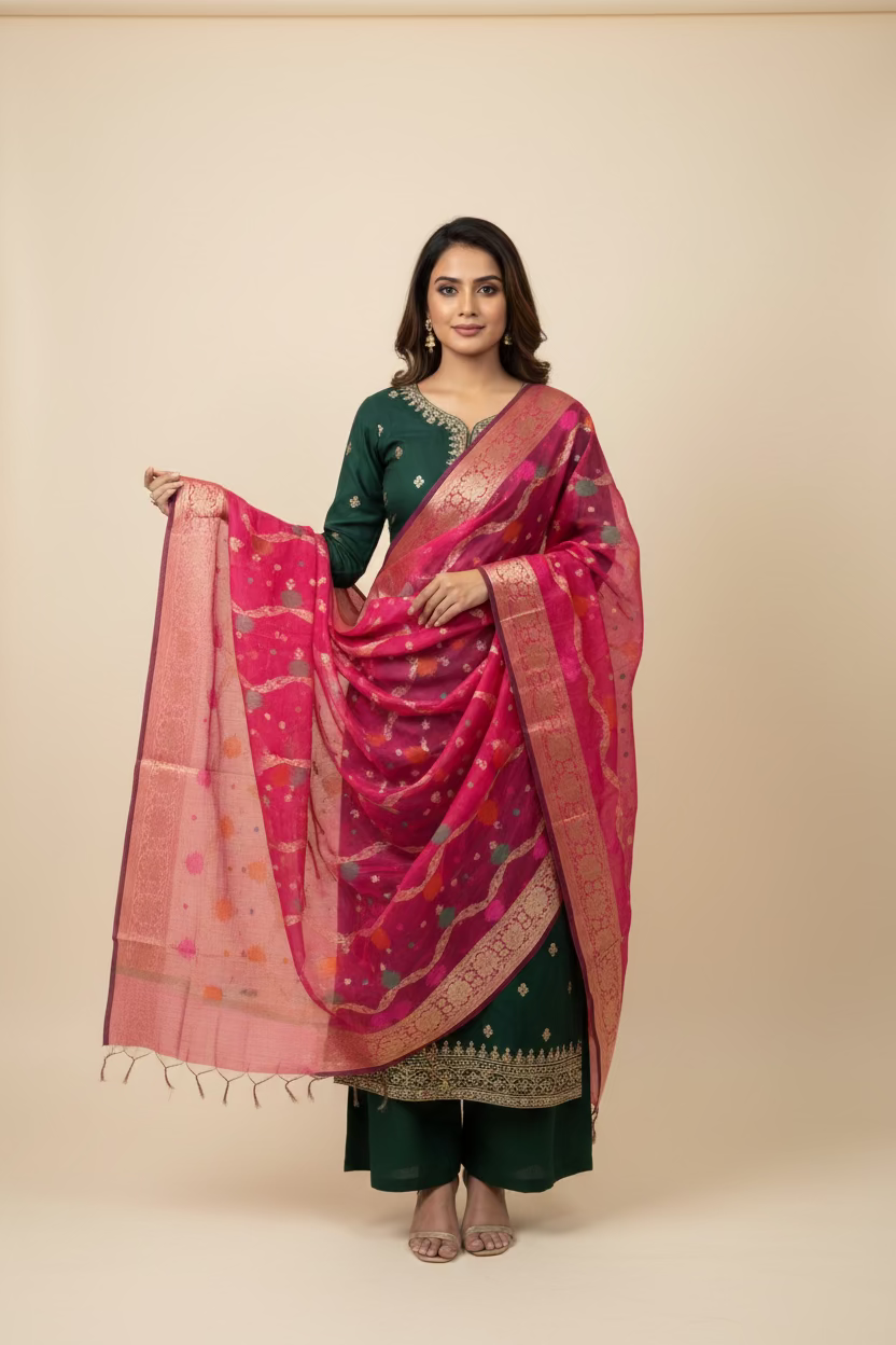Cotton Silk Dupatta- Bright Pink Zari