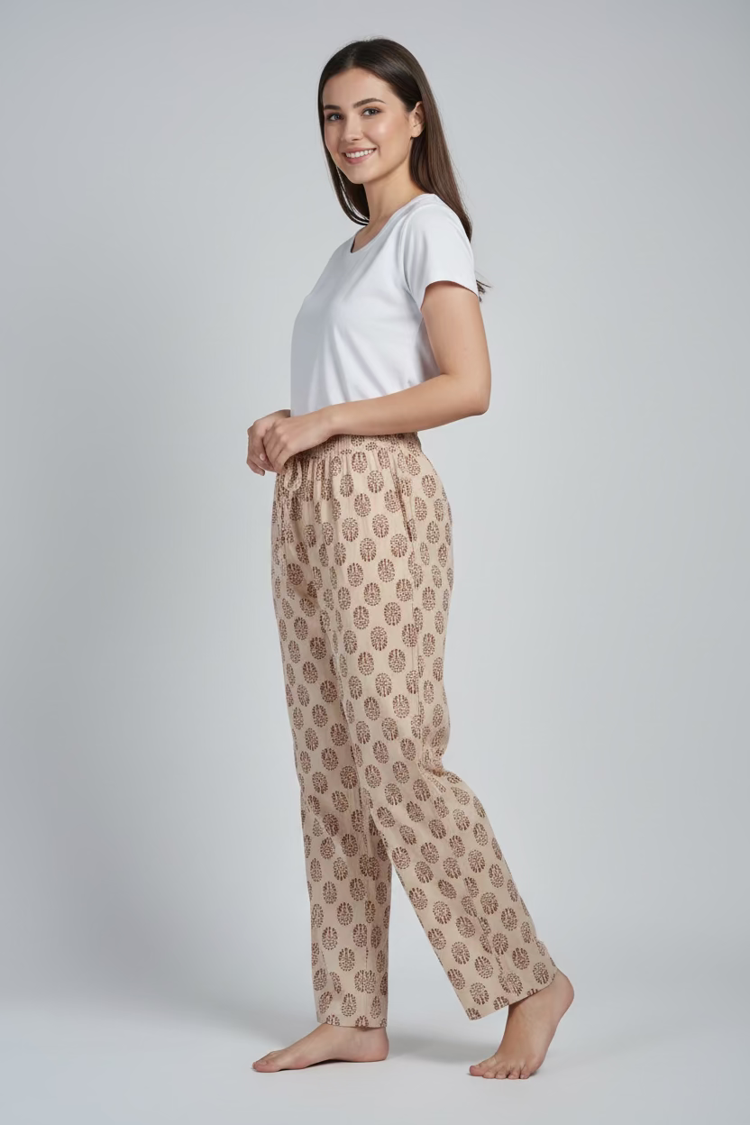Hand Block Printed Cotton Pants- Red & Beige Floral