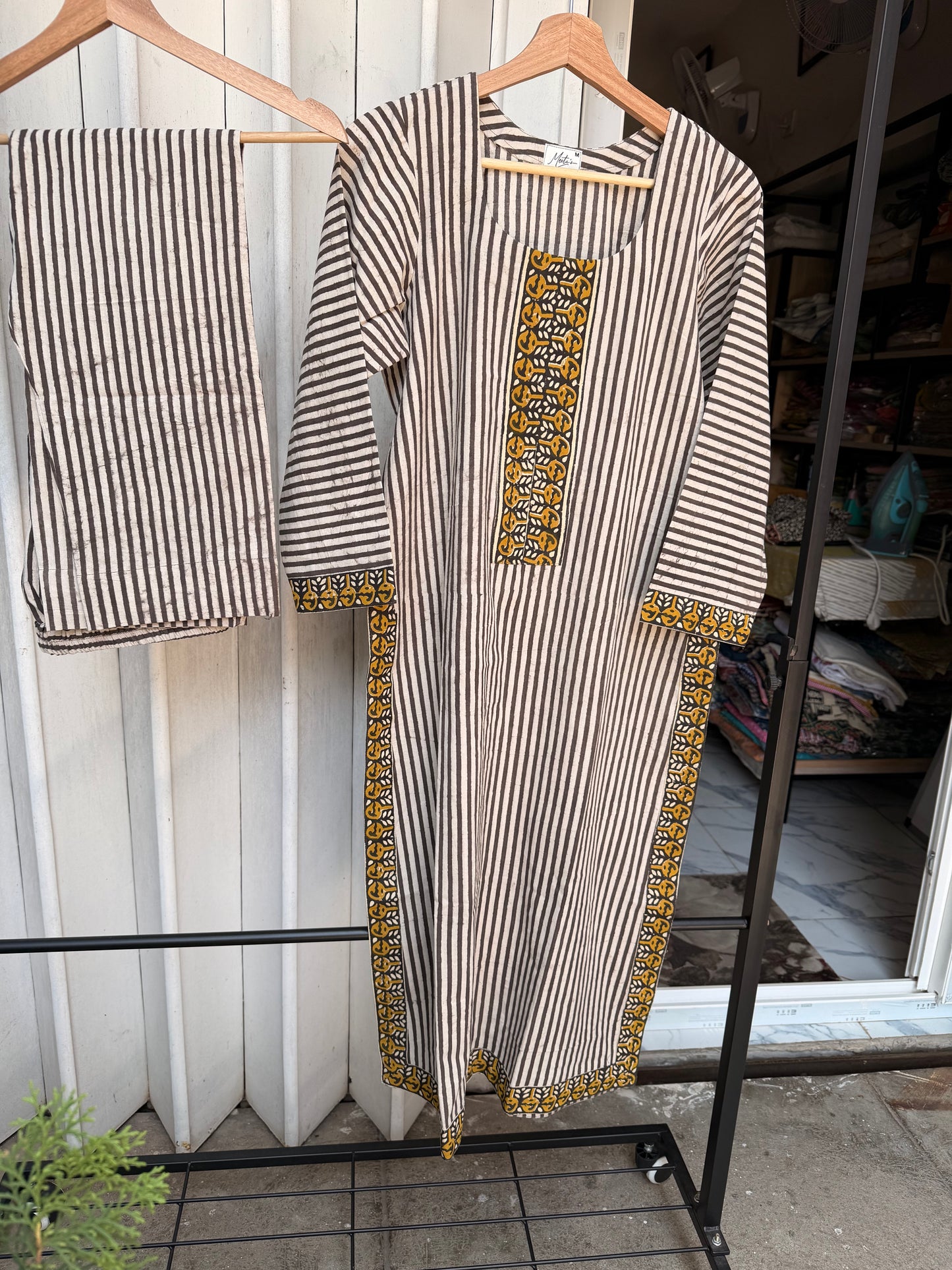 Arha Hand Block Printed Cotton suit (2 piece )- Black Striped