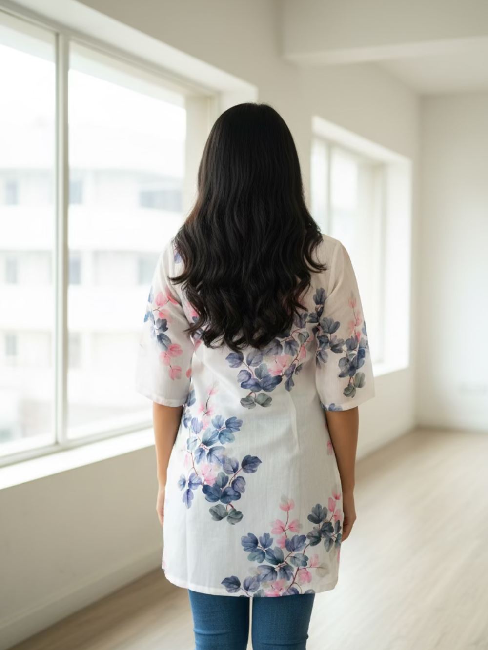 Silk Blend Short Kurti - Ivory Floral