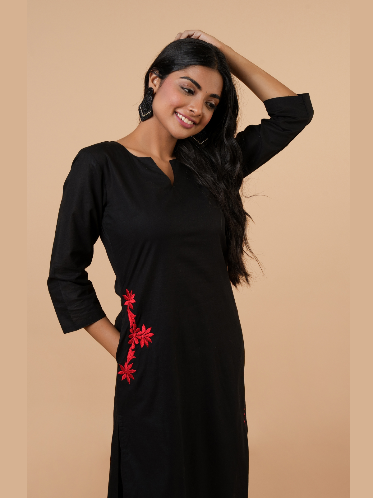 Eadha Black embroidered cotton kurta set- set of 3