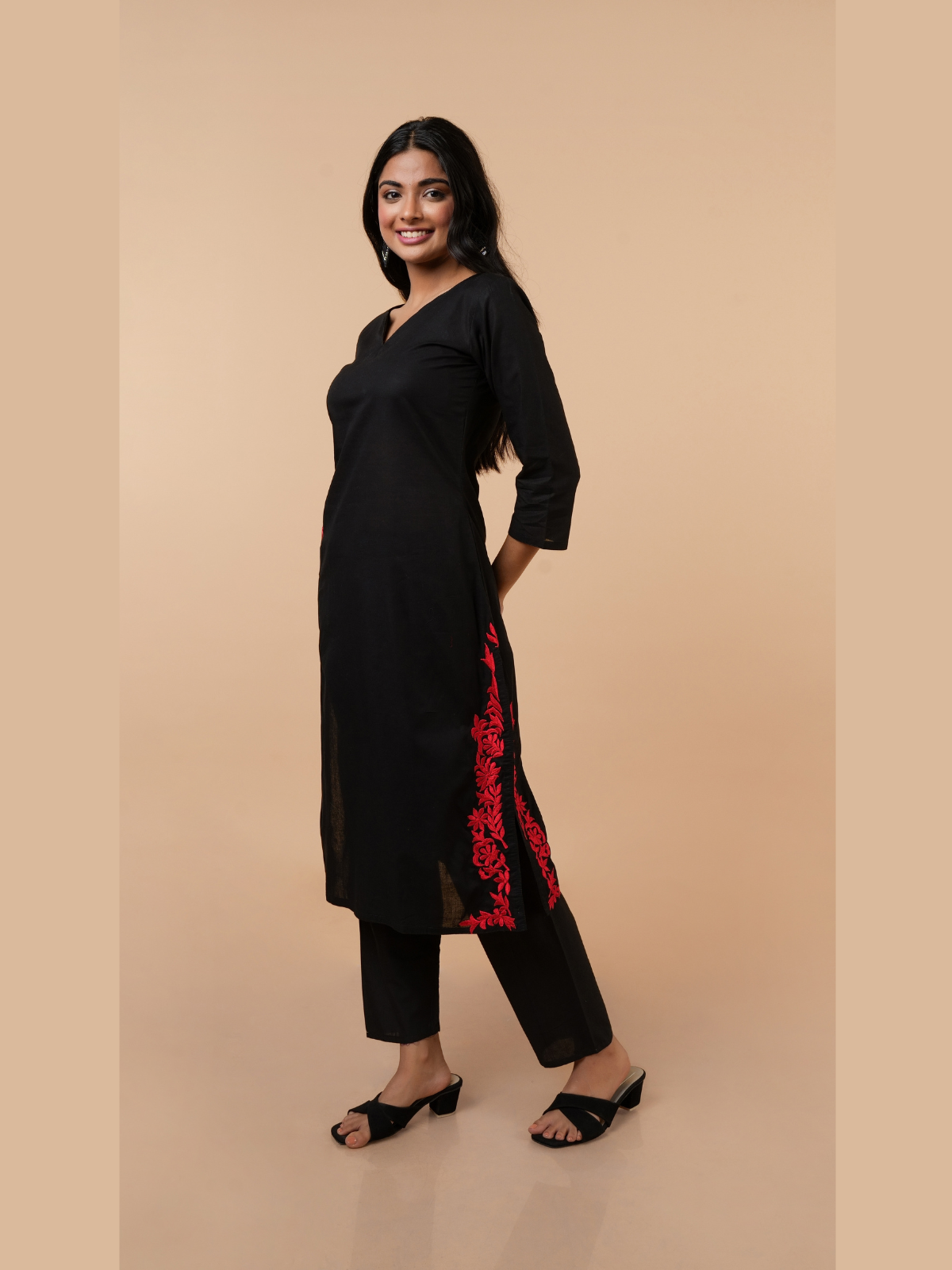 Eadha Black embroidered cotton kurta set- set of 3