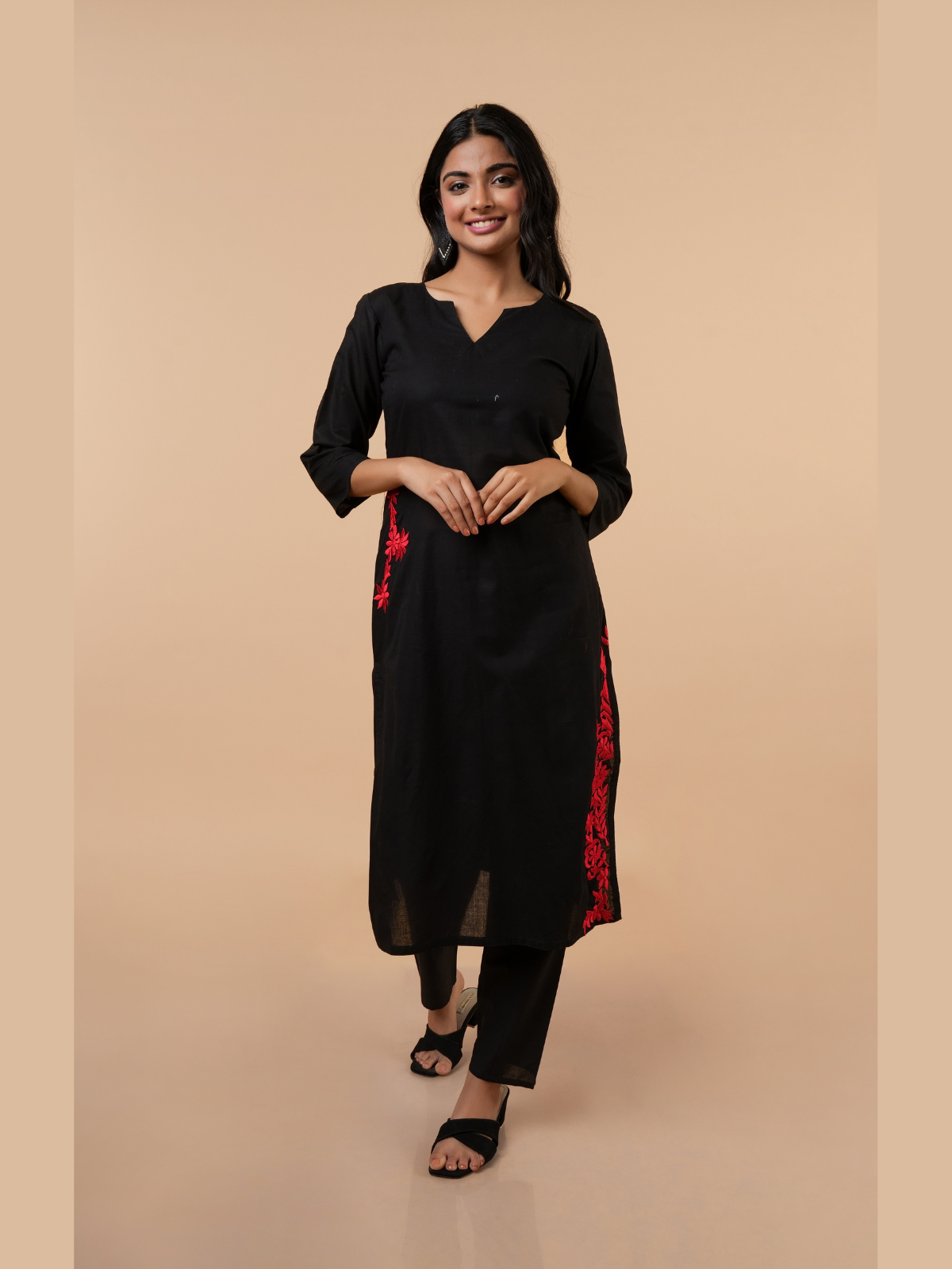 Eadha Black embroidered cotton kurta set- set of 3
