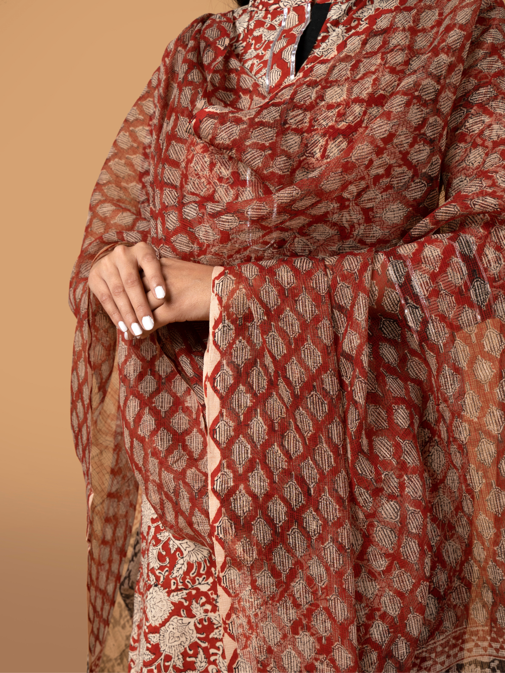 Red & Beige Hand Block Printed Kota Doriya Dupatta