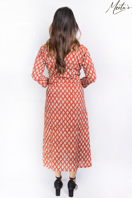 Aradhya Red Hand Block Print Cotton Dress
