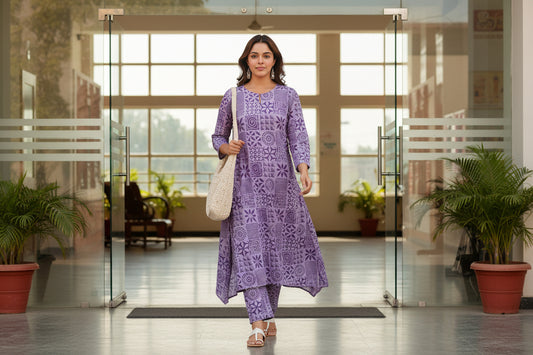 Lavanya Jaal Block Printed Cotton Kurta- Lavender Floral