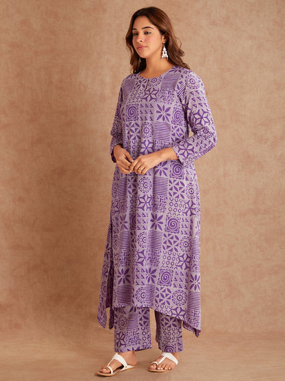 Lavanya Jaal Block Printed Cotton Kurta- Lavender Floral