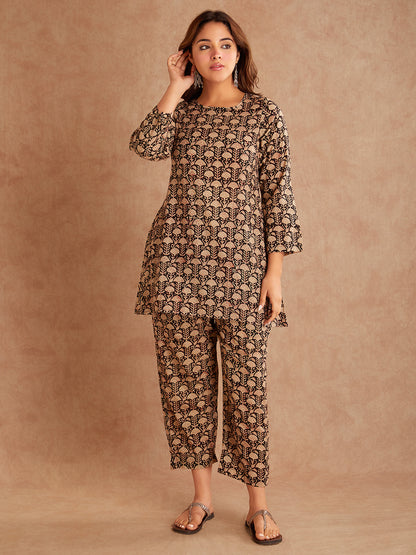 Bani Black  Beige Hand Block Printed Cotton Suit ( 2 piece)
