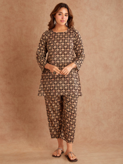 Bani Black  Beige Hand Block Printed Cotton Suit ( 2 piece)