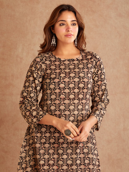 Bani Black  Beige Hand Block Printed Cotton Suit ( 2 piece)