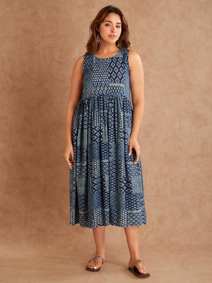 Isha indigo hand block printed cotton dress