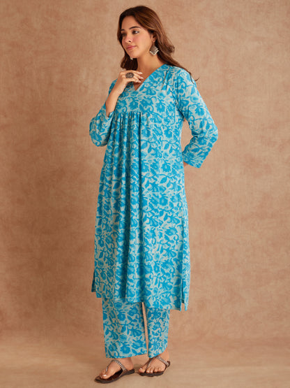 Hand Block Printed Cotton Suit Set - Teal Floral  ( 2 piece )