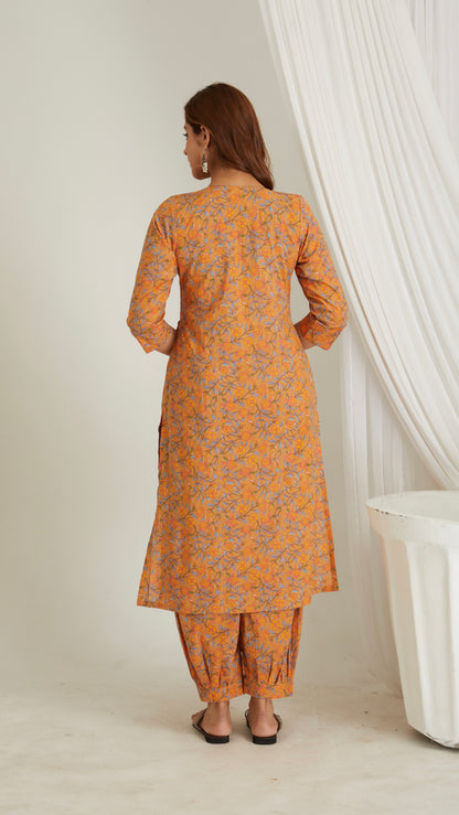 Mustard Printed Cotton A-line Kurta..