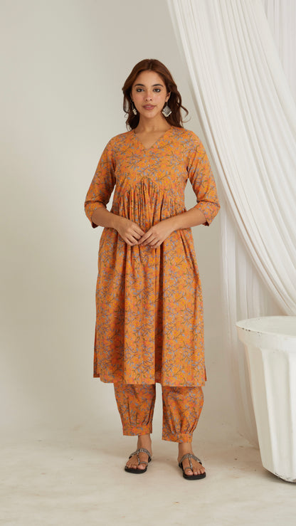 Mustard Printed Cotton A-line Kurta..