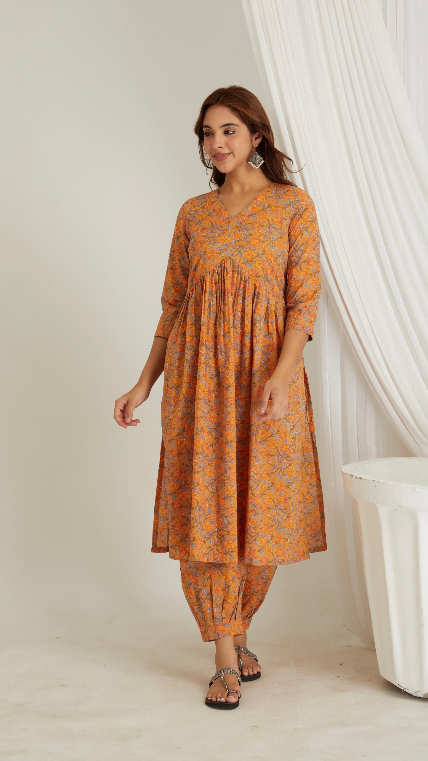 Mustard Printed Cotton A-line Kurta..