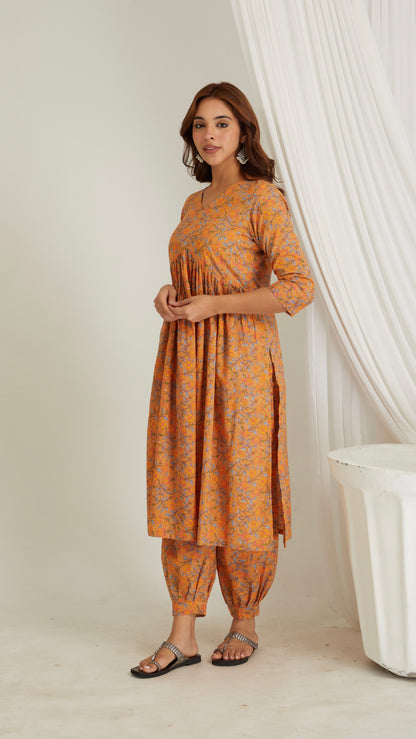 Mustard Printed Cotton A-line Kurta..