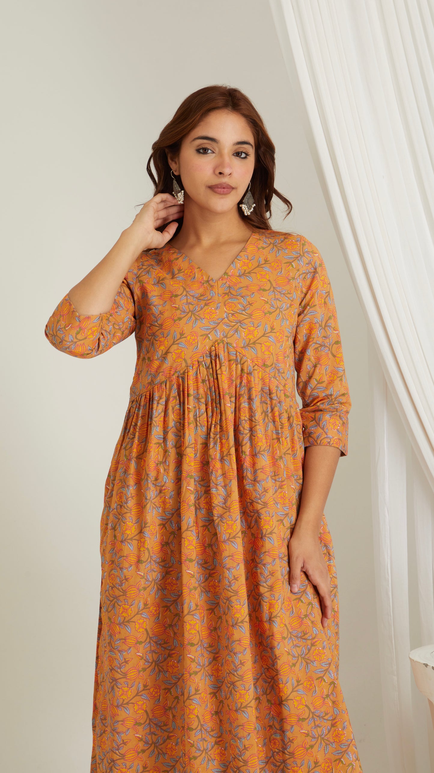 Mustard Printed Cotton A-line Kurta..