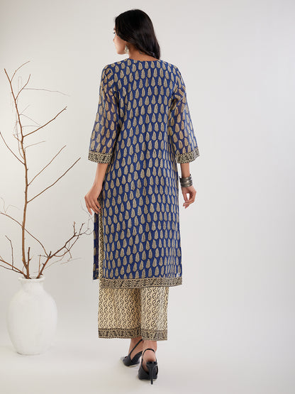 Blue & Beige  Hand Block Print Kurta