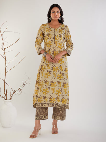 Yellow and Brown Hand Block Print Kurta