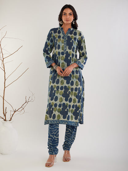 Blue & White Vanaspati Hand Block print cotton Churidar