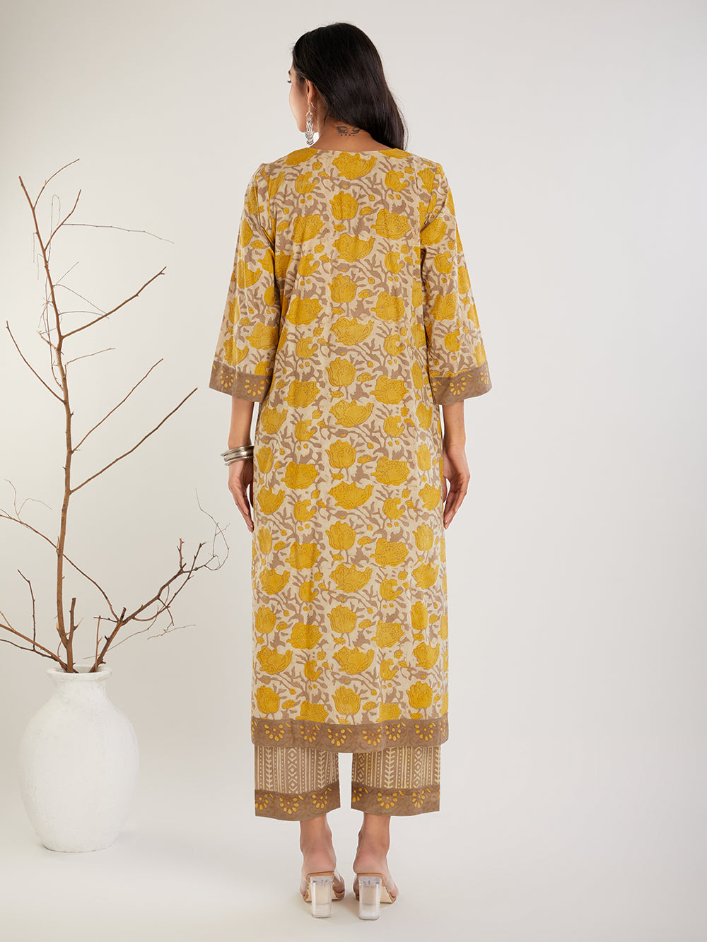 Yellow Beige Ajrakh Hand Block Printed Cotton Kurta