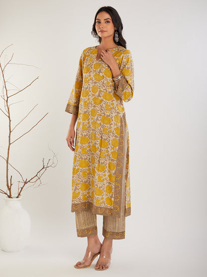 Yellow Beige Ajrakh Hand Block Printed Cotton Kurta