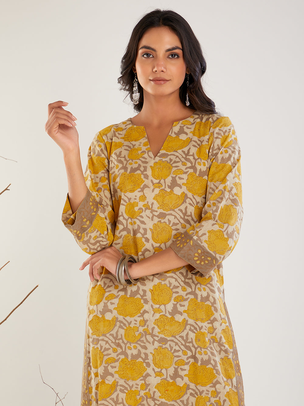 Yellow Beige Ajrakh Hand Block Printed Cotton Kurta