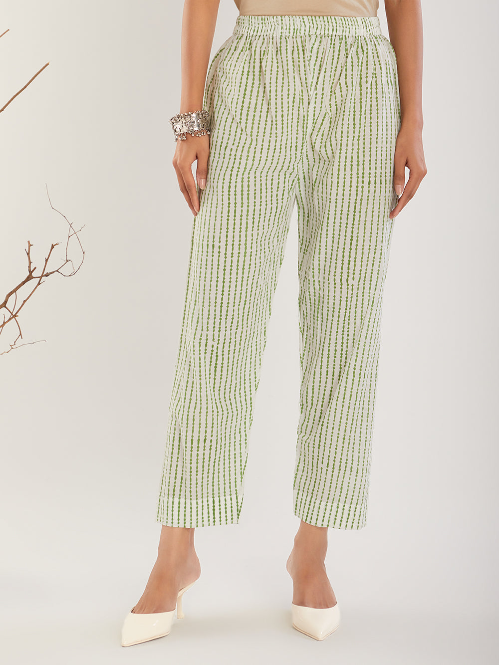 Green Hand Block Print Cotton Pants