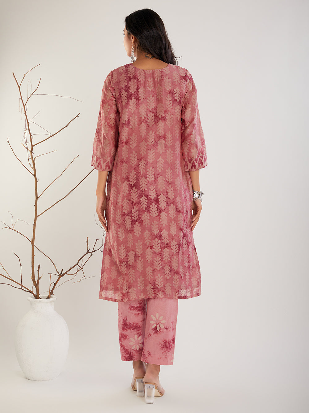 Hand Block Printed Chanderi Silk Suit Set - Dusty Pink ( 3 Piece )