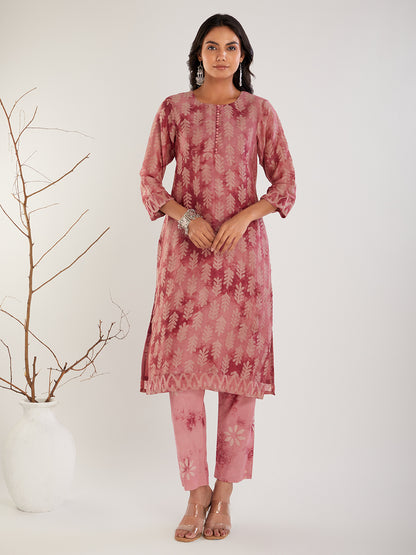 Hand Block Printed Chanderi Silk Suit Set - Dusty Pink ( 3 Piece )