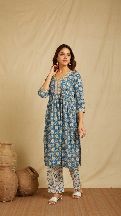 Anahita Blue Hand Block Print Cotton Kurta