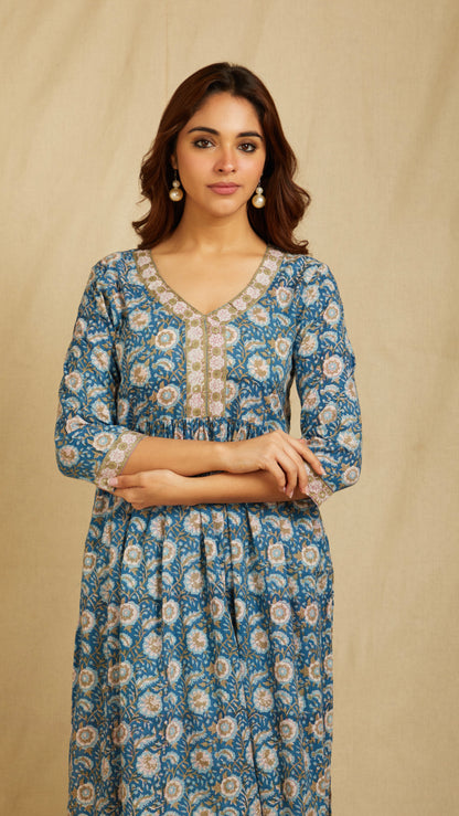 Anahita Blue Hand Block Print Cotton Kurta