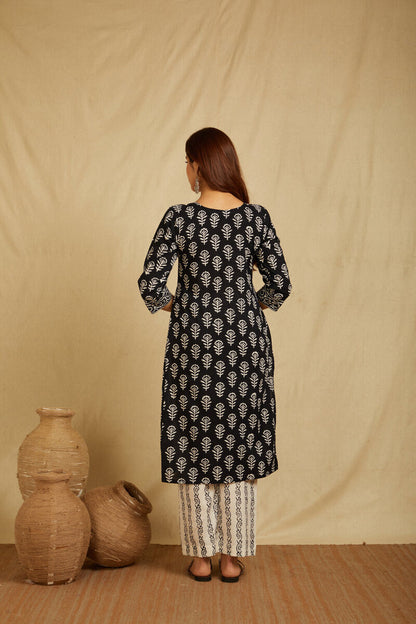 Hand Block Printed Cotton Suit Set - Black Floral ( 3 Piece )