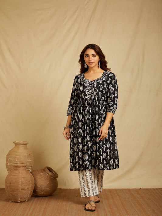 Hand Block Printed Cotton Suit Set - Black Floral ( 3 Piece )