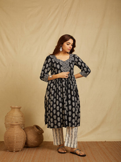 Hand Block Printed Cotton Suit Set - Black Floral ( 3 Piece )
