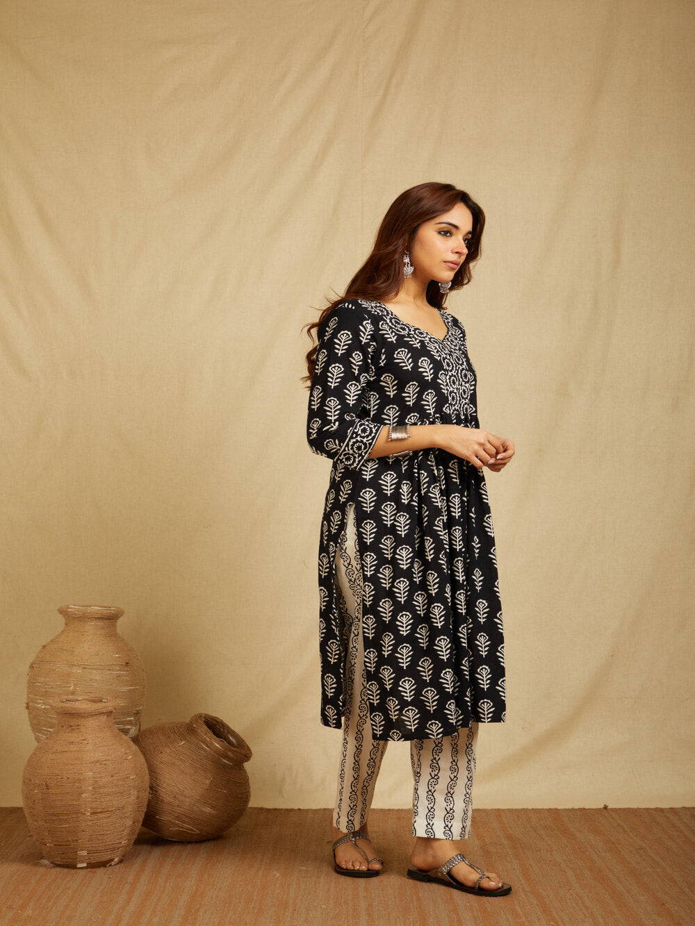 Hand Block Printed Cotton Suit Set - Black Floral ( 3 Piece )